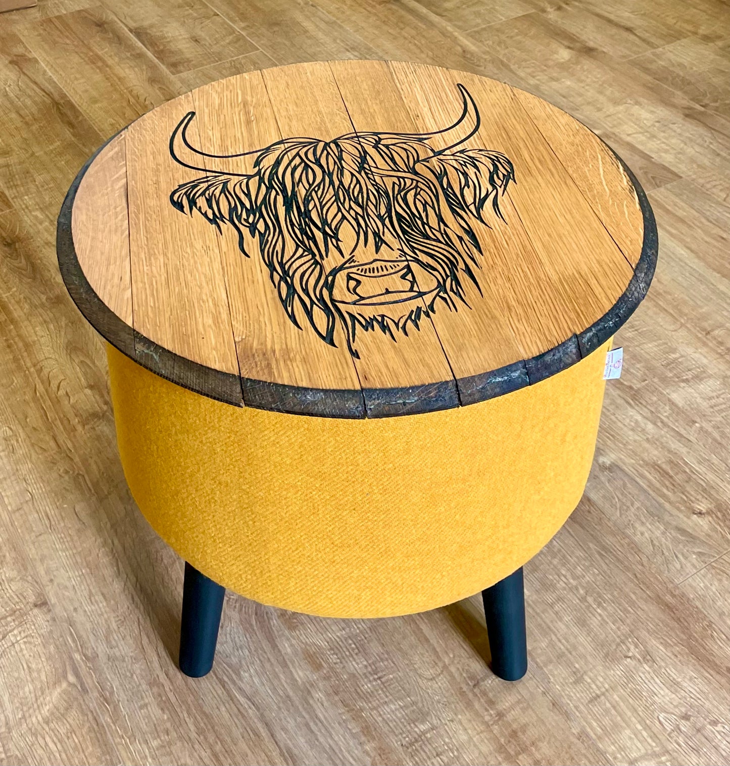 Highland Cow Carved Oak Whisky Barrel Top and Yellow Harris Tweed ‘Wee Dram’ Table