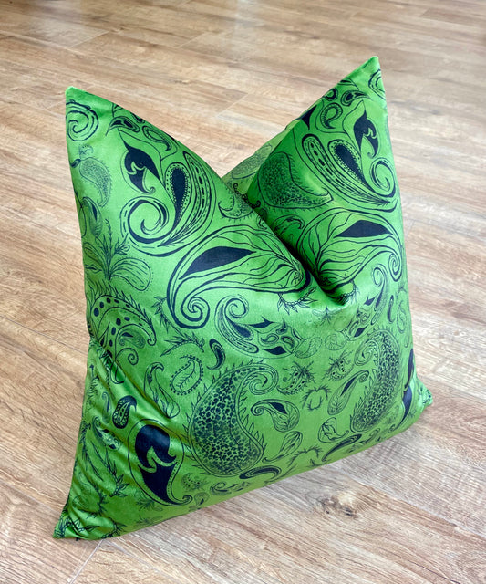Moss Green Paisley Print Velvet Cushion 20”