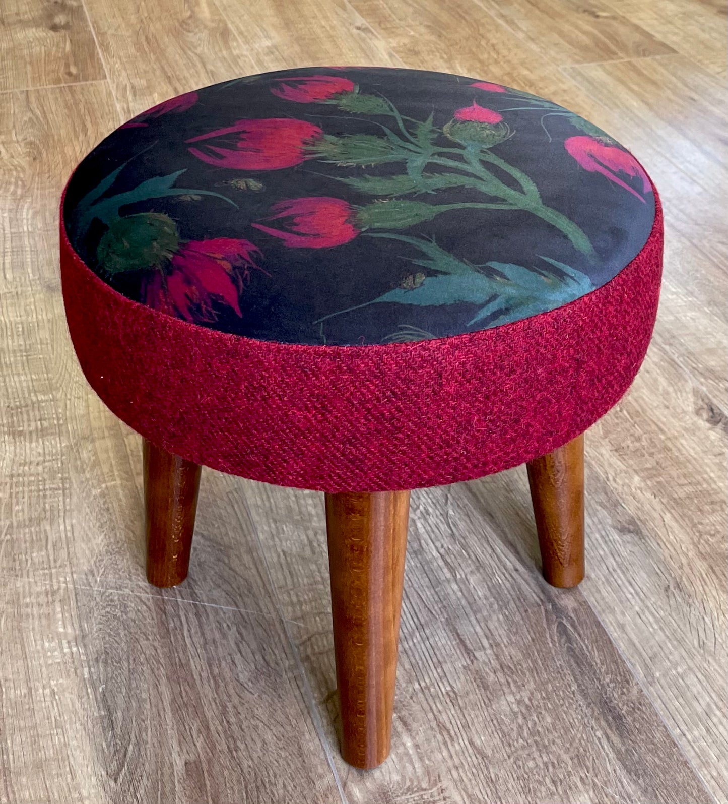Butterfly Thistles on Black Velvet and Red Harris Tweed Small Footstool
