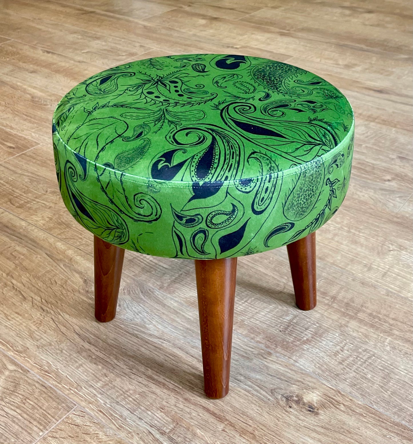 Moss Green Paisley Print Velvet Small Footstool with Dark Wooden Legs
