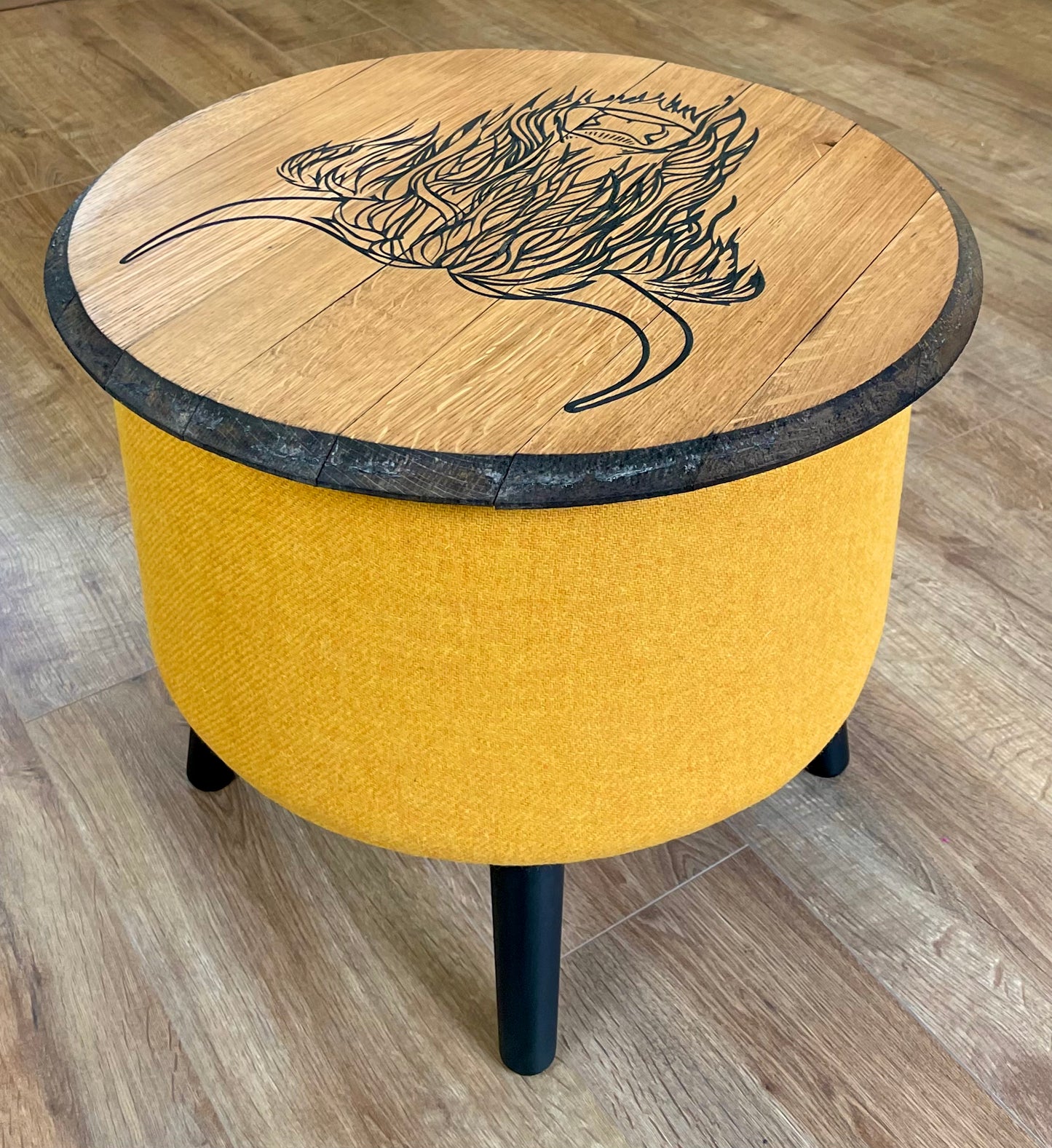 Highland Cow Carved Oak Whisky Barrel Top and Yellow Harris Tweed ‘Wee Dram’ Table