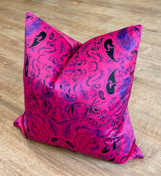 Neon Pink Paisley Print Velvet Cushion 18”