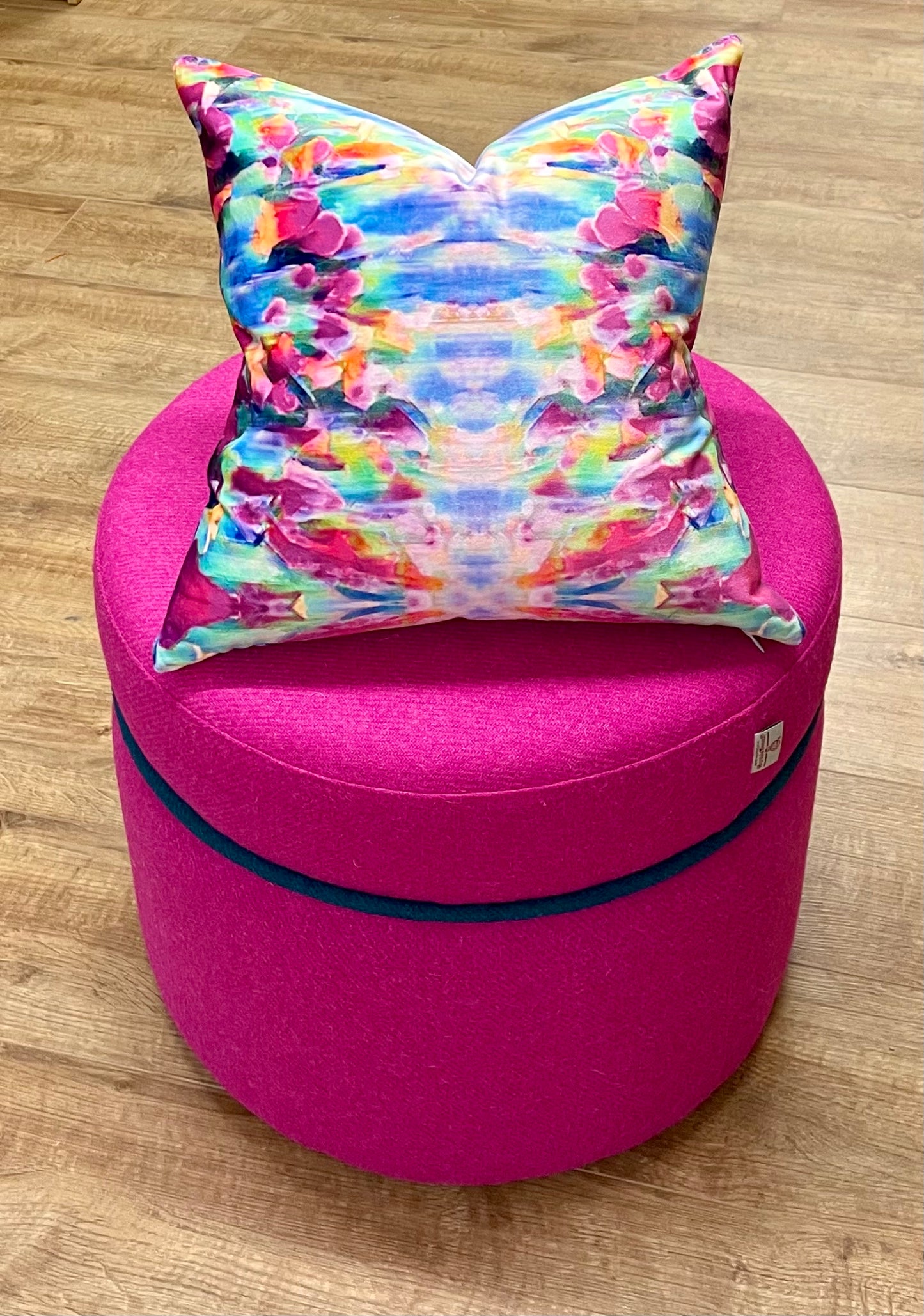 Bright Pink Harris Tweed Floating Footstool with Teal Trim Detail