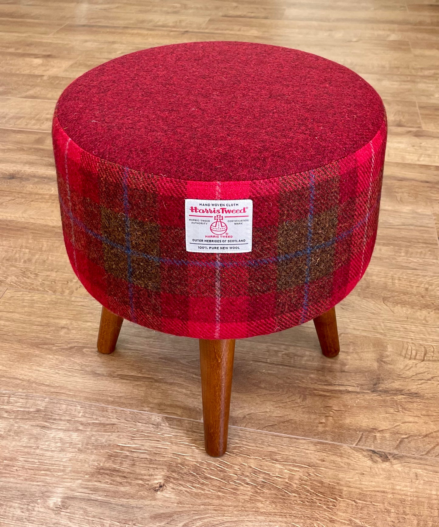 Red Tartan Harris Tweed Footstool with Dark Varnished Wooden Legs