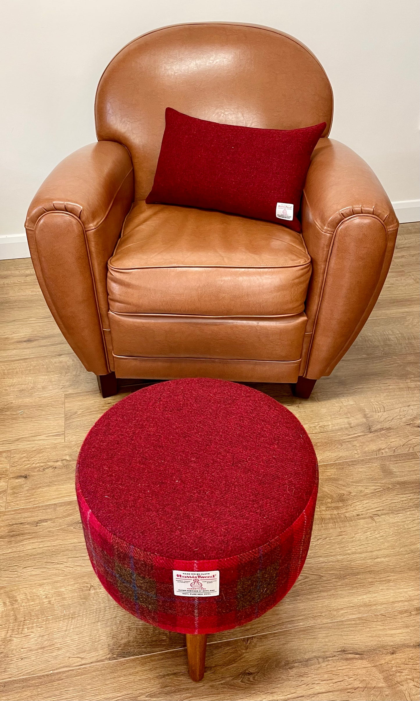 Red Tartan Harris Tweed Footstool with Dark Varnished Wooden Legs