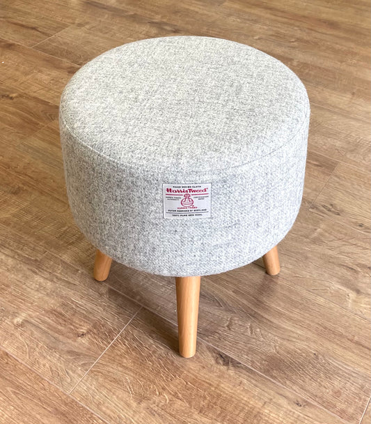 Grey Harris Tweed Round Footstool with Light Wooden Legs