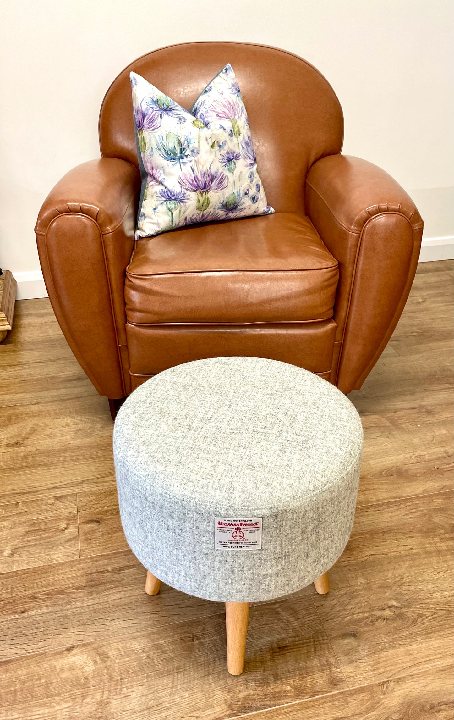 Grey Harris Tweed Round Footstool with Light Wooden Legs