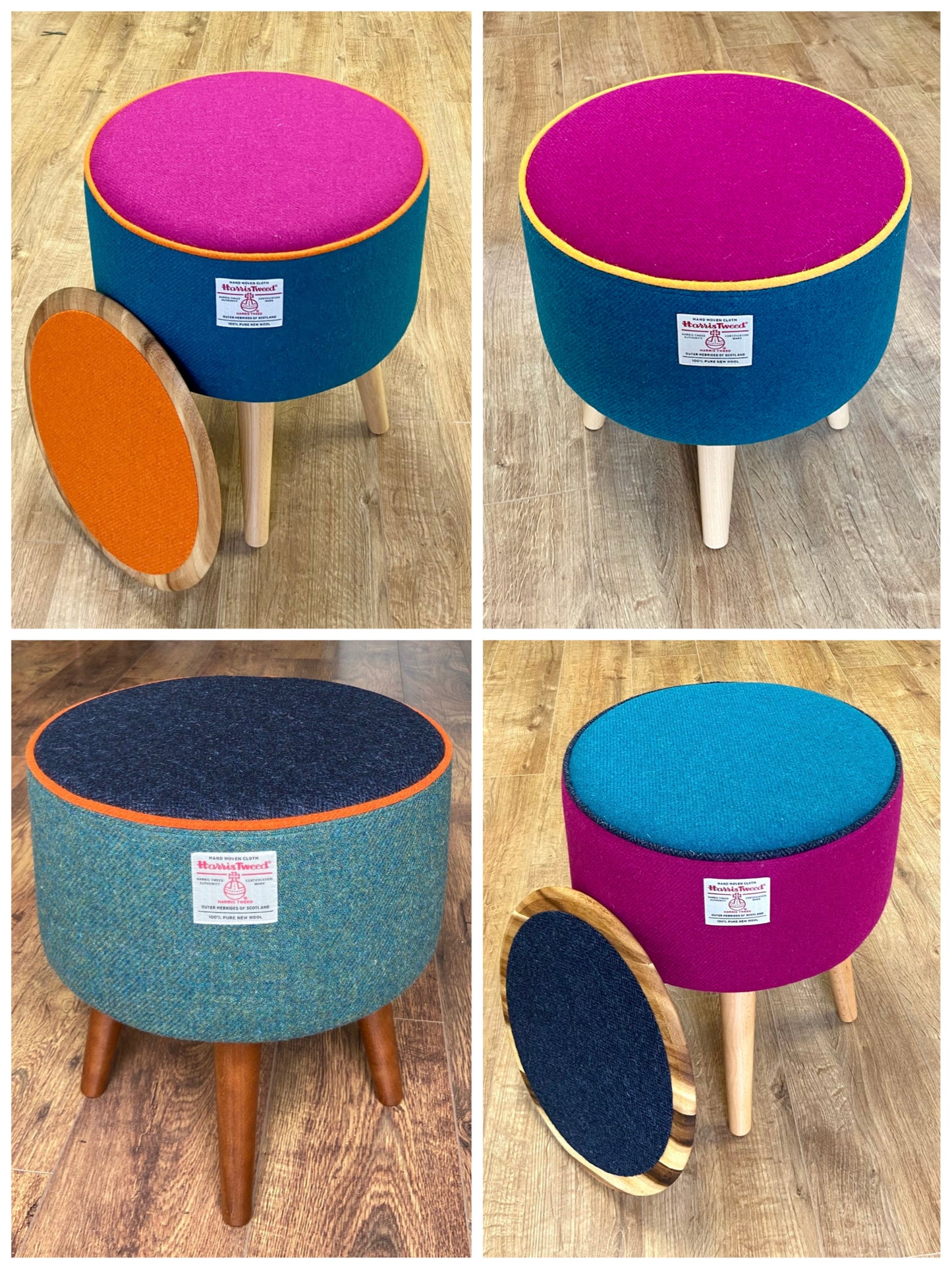 Teal and Fuchsia Harris Tweed Footstool with Orange Piping and Varnished Wooden Legs