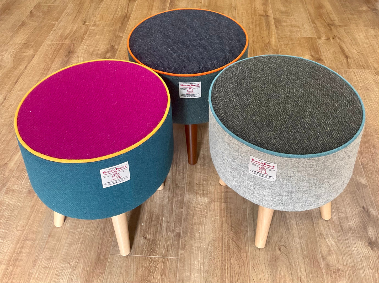 Grey and Charcoal Harris Tweed Footstool with Turquoise Piping and Dark Varnished Wooden Legs