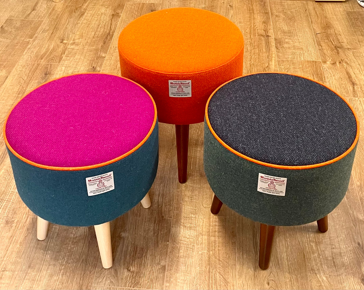 Teal and Fuchsia Harris Tweed Footstool with Orange Piping and Varnished Wooden Legs