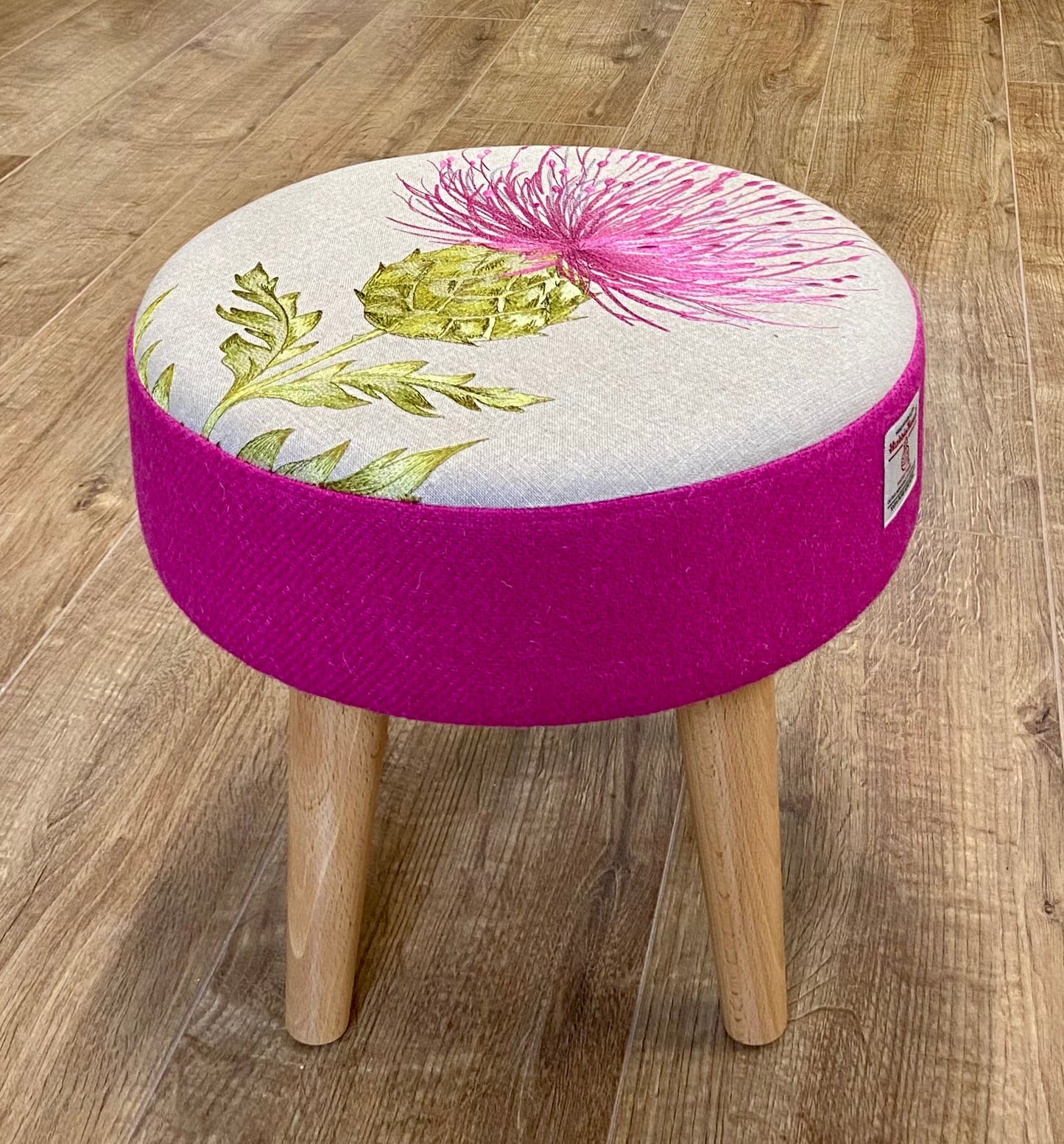 Bright Pink Embroidered Thistle and Harris Tweed Footstool with Varnished Wooden Legs