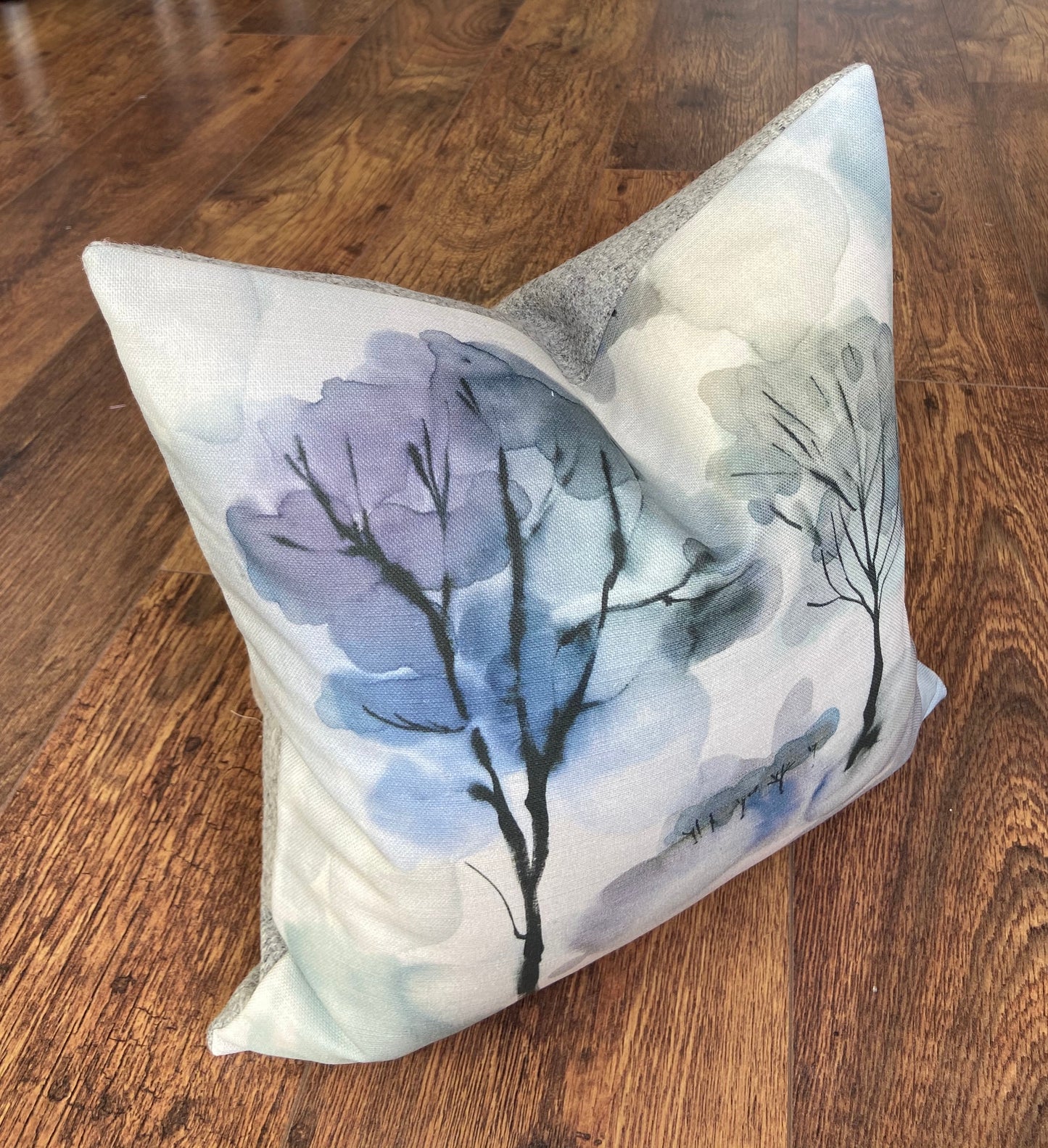 Watercolour Trees and Grey Harris Tweed Cushion, 18”