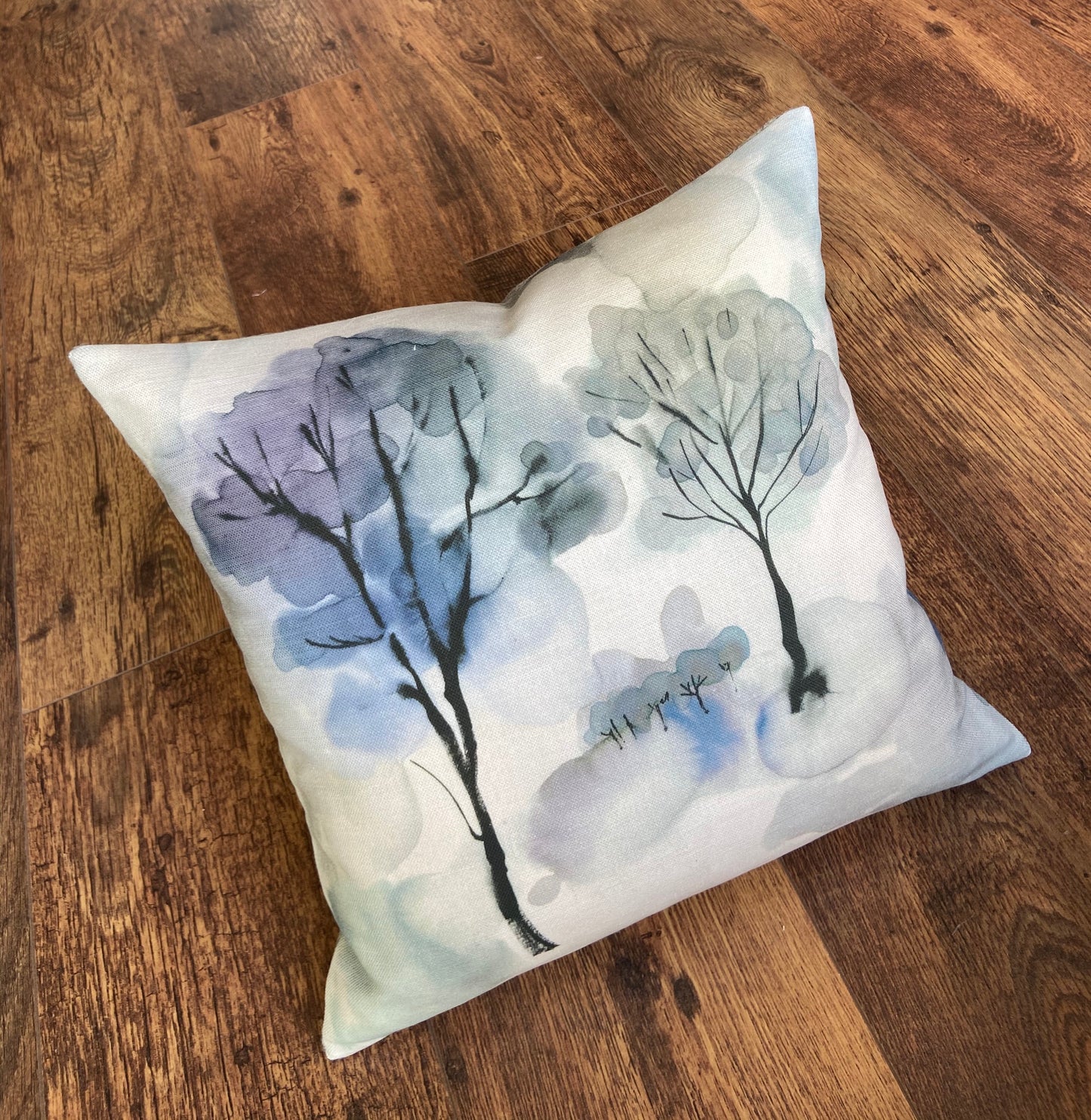 Watercolour Trees and Grey Harris Tweed Cushion, 18”