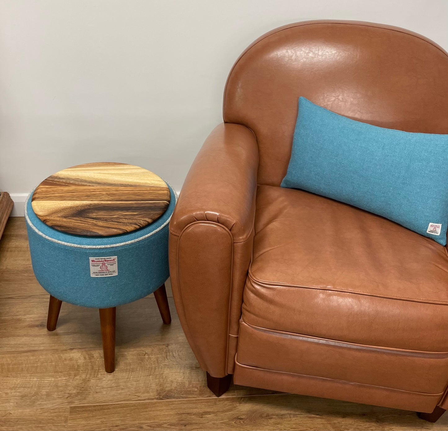 Turquoise Harris Tweed End Table with Grey Piping and Removable Wooden Top