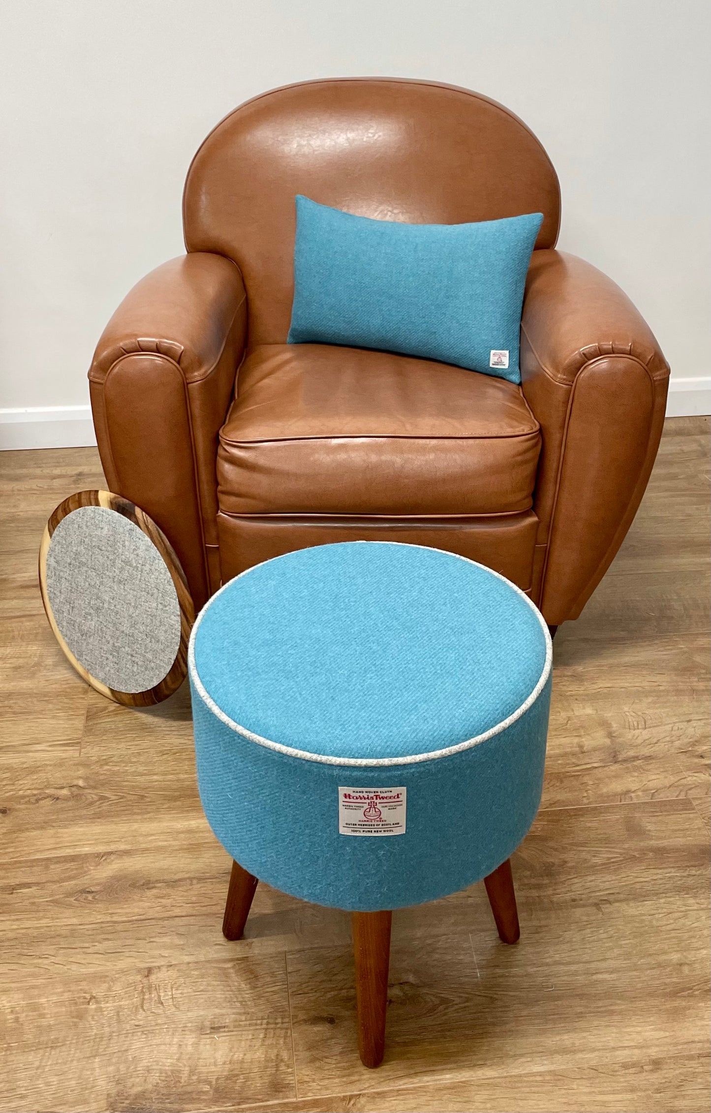 Turquoise Harris Tweed End Table with Grey Piping and Removable Wooden Top