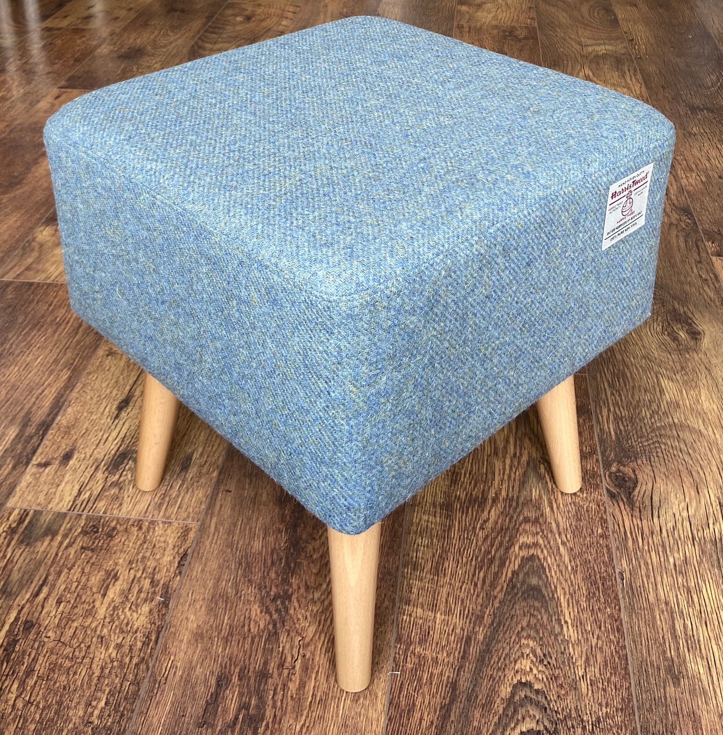 Sky Blue Square Footstool, Harris Tweed with Varnished Wooden Legs