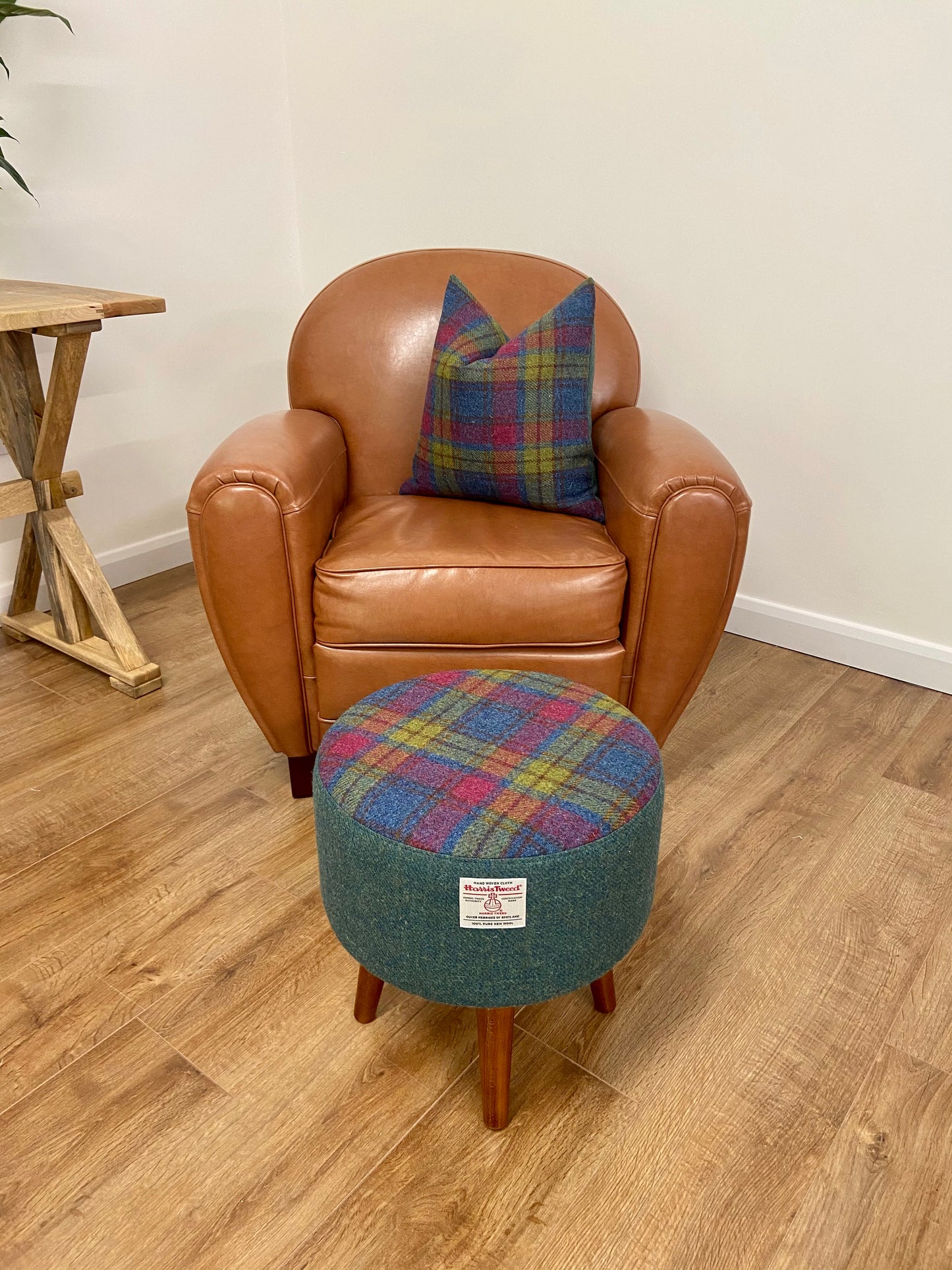 Tartan and Green Harris Tweed Footstool with Dark Varnished Wooden Legs