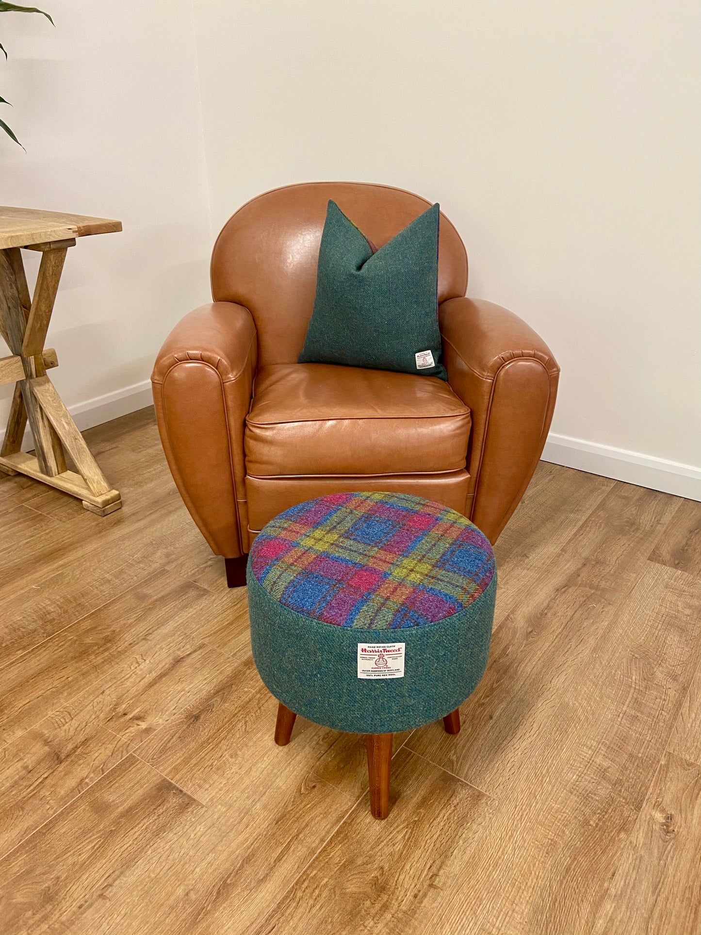 Tartan and Green Harris Tweed Footstool with Dark Varnished Wooden Legs