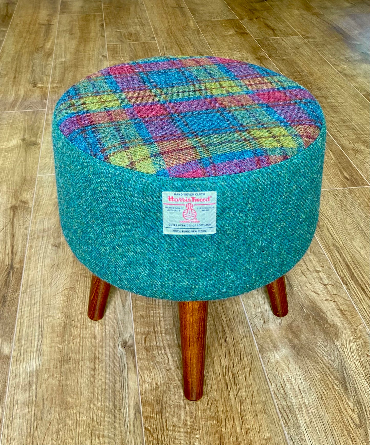 Tartan and Green Harris Tweed Footstool with Dark Varnished Wooden Legs