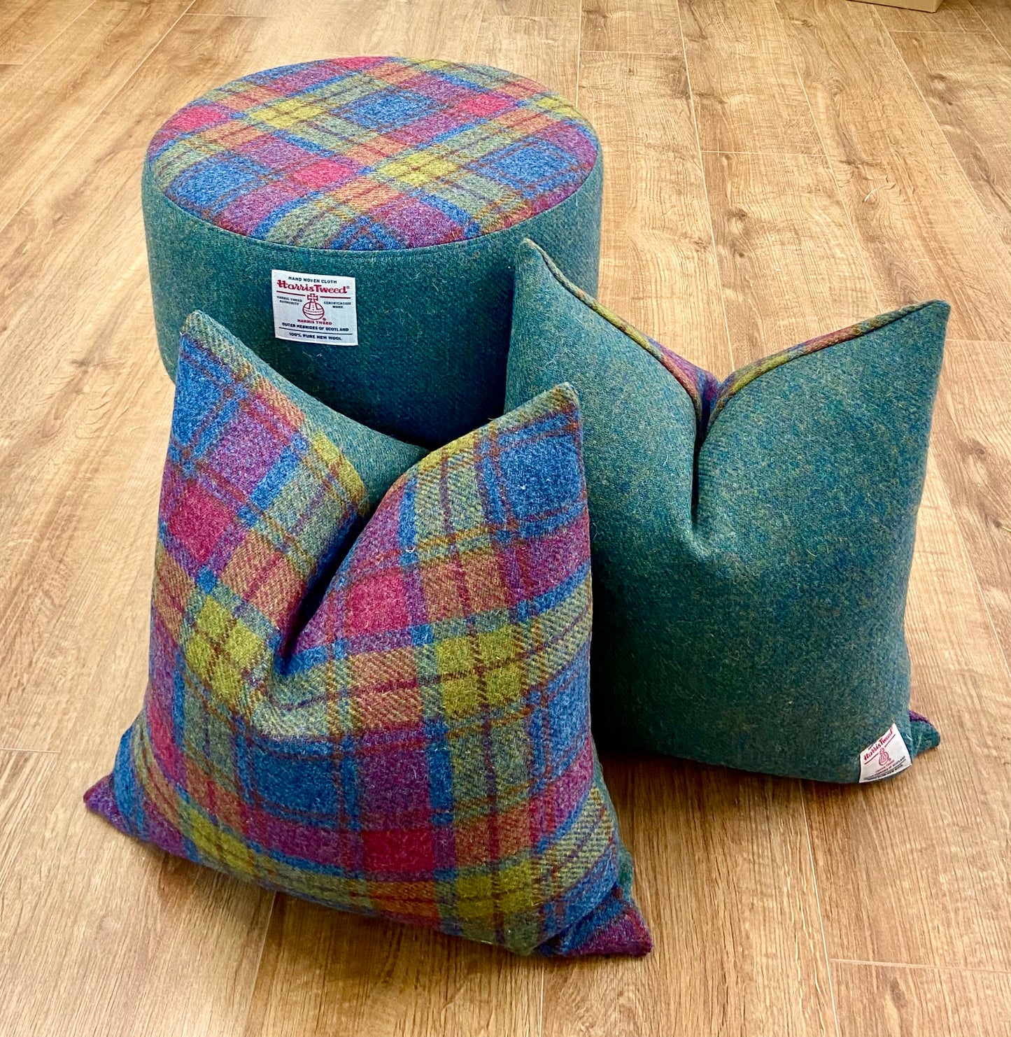 Tartan and Green Harris Tweed Footstool with Dark Varnished Wooden Legs