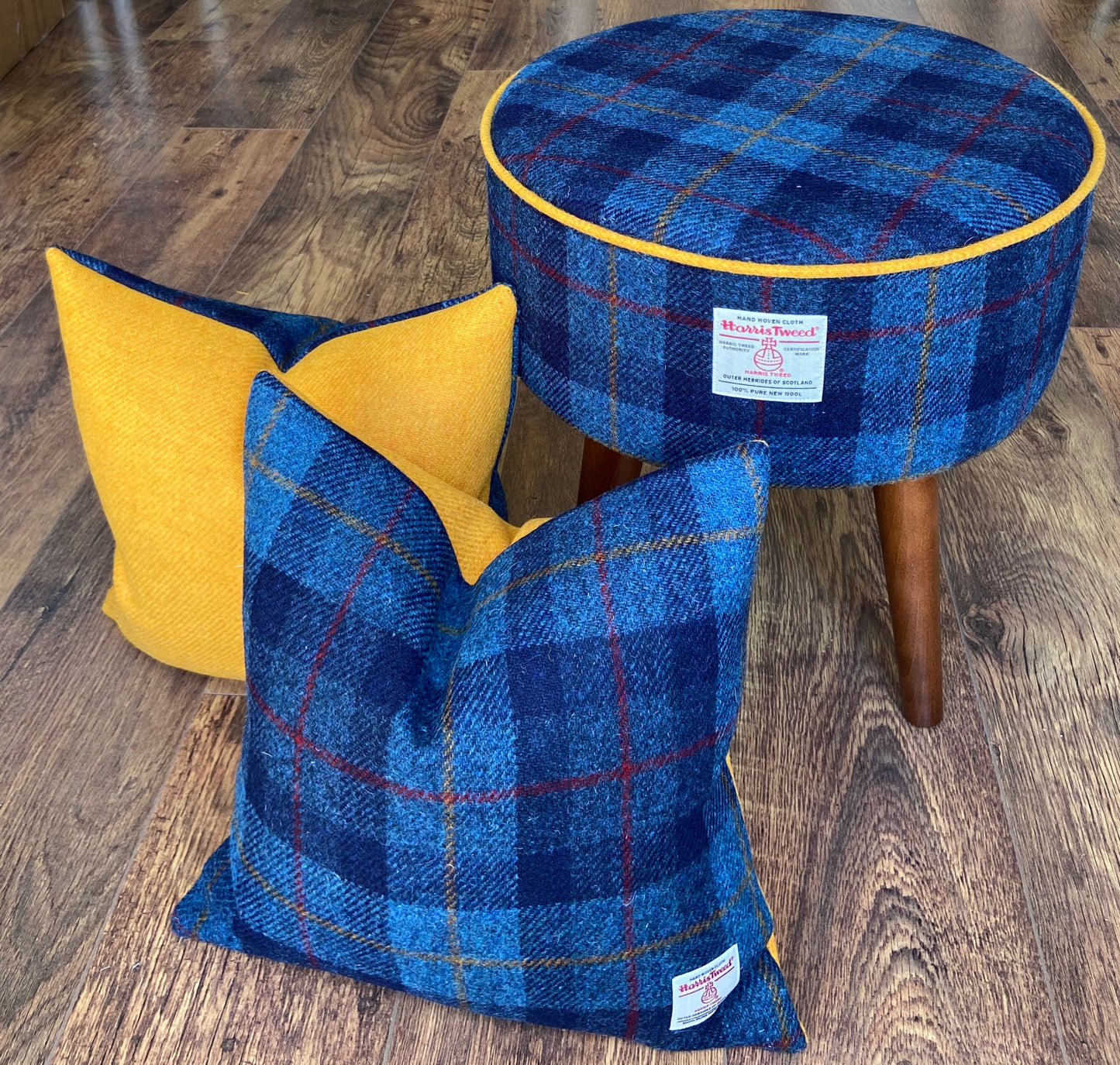 Blue Tartan and Yellow Harris Tweed Cushion 18”