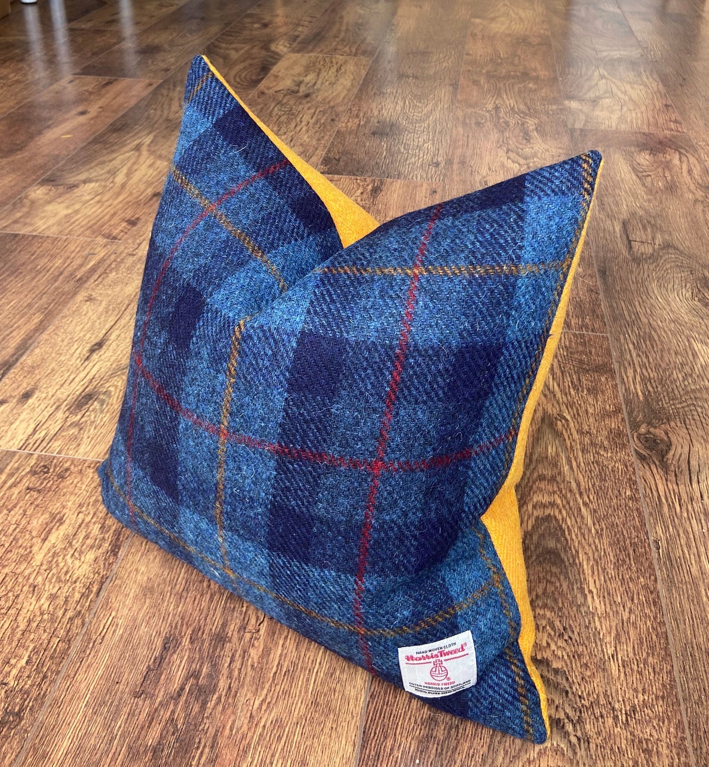 Blue Tartan and Yellow Harris Tweed Cushion 18”