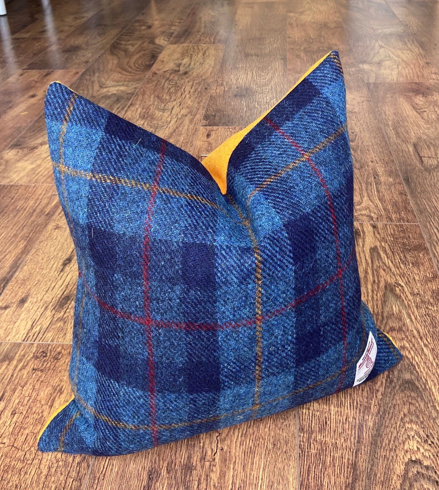 Blue Tartan and Yellow Harris Tweed Cushion 18”