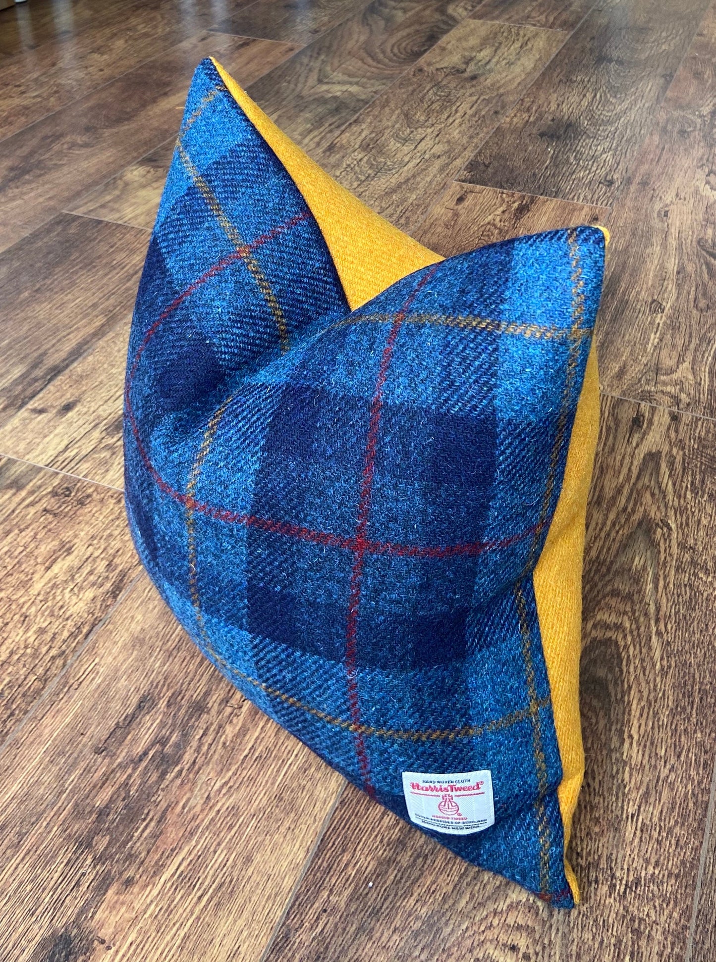 Blue Tartan and Yellow Harris Tweed Cushion 18”