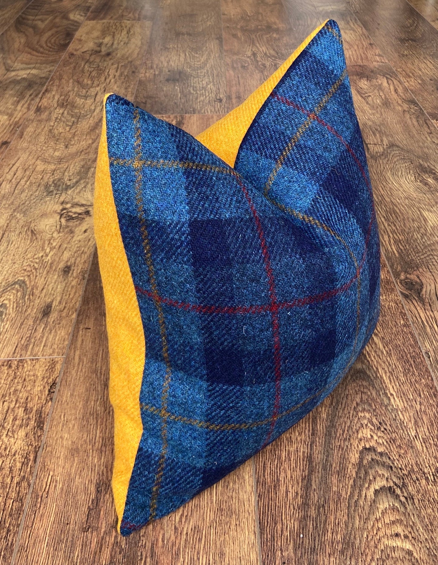 Blue Tartan and Yellow Harris Tweed Cushion 18”