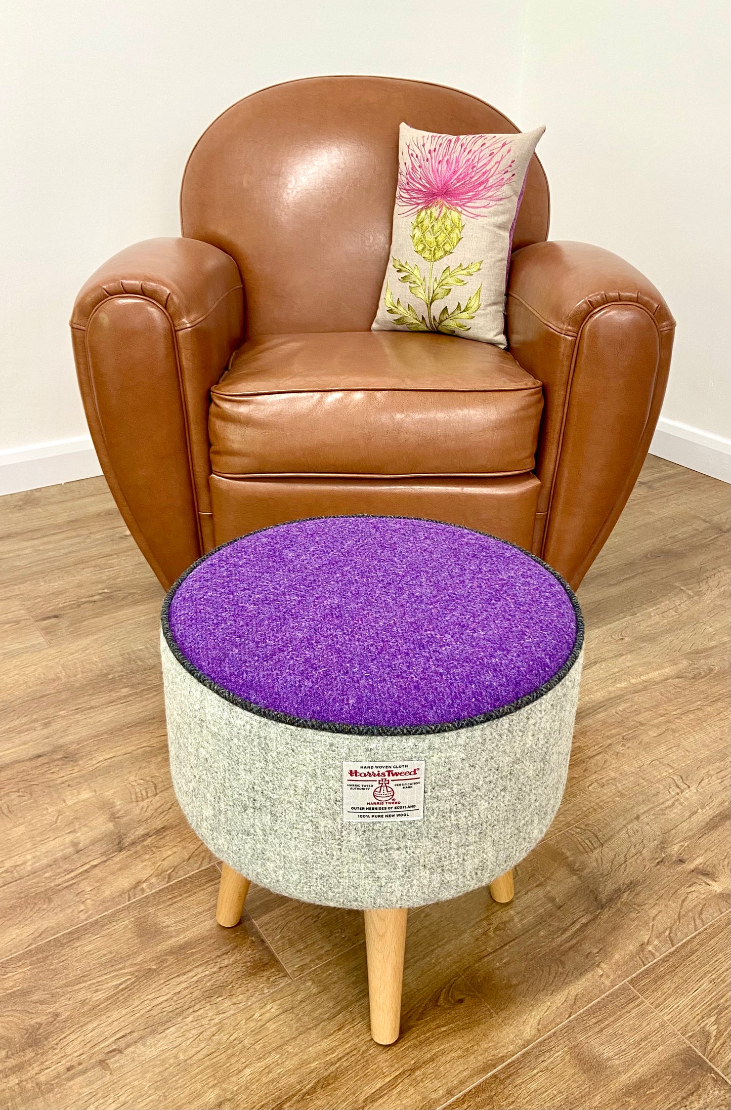 Grey and Purple Harris Tweed Footstool with Charcoal Piping and Varnished Wooden Legs