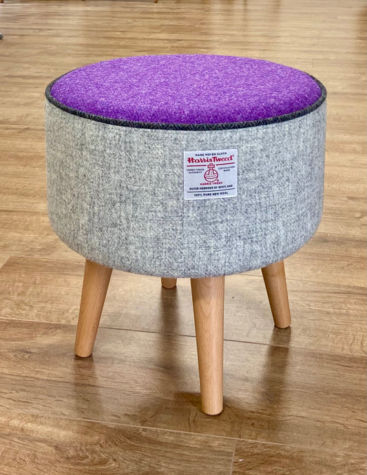 Grey and Purple Harris Tweed Footstool with Charcoal Piping and Varnished Wooden Legs