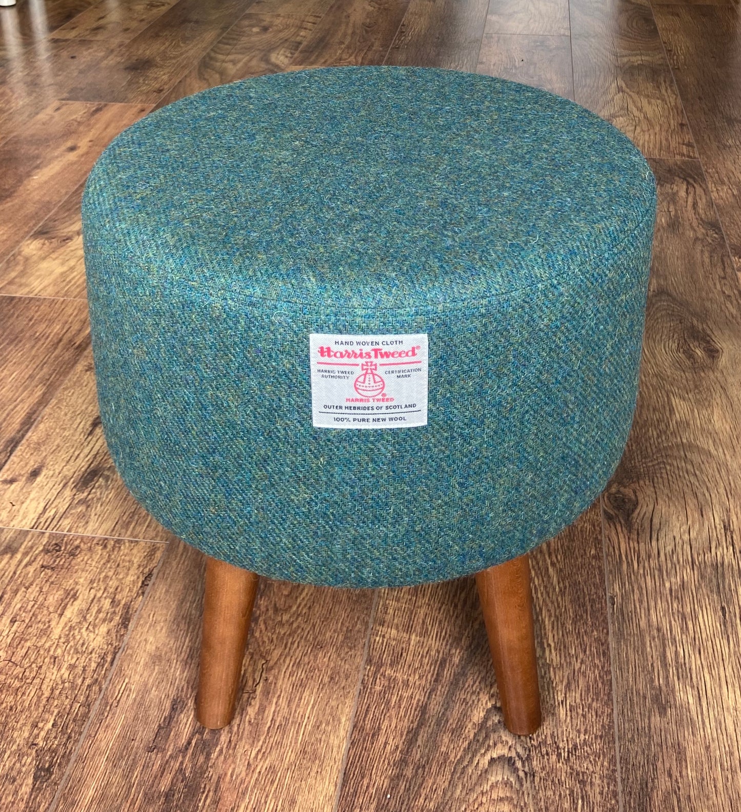 Green Harris Tweed Footstool with Dark Varnished Wooden Legs