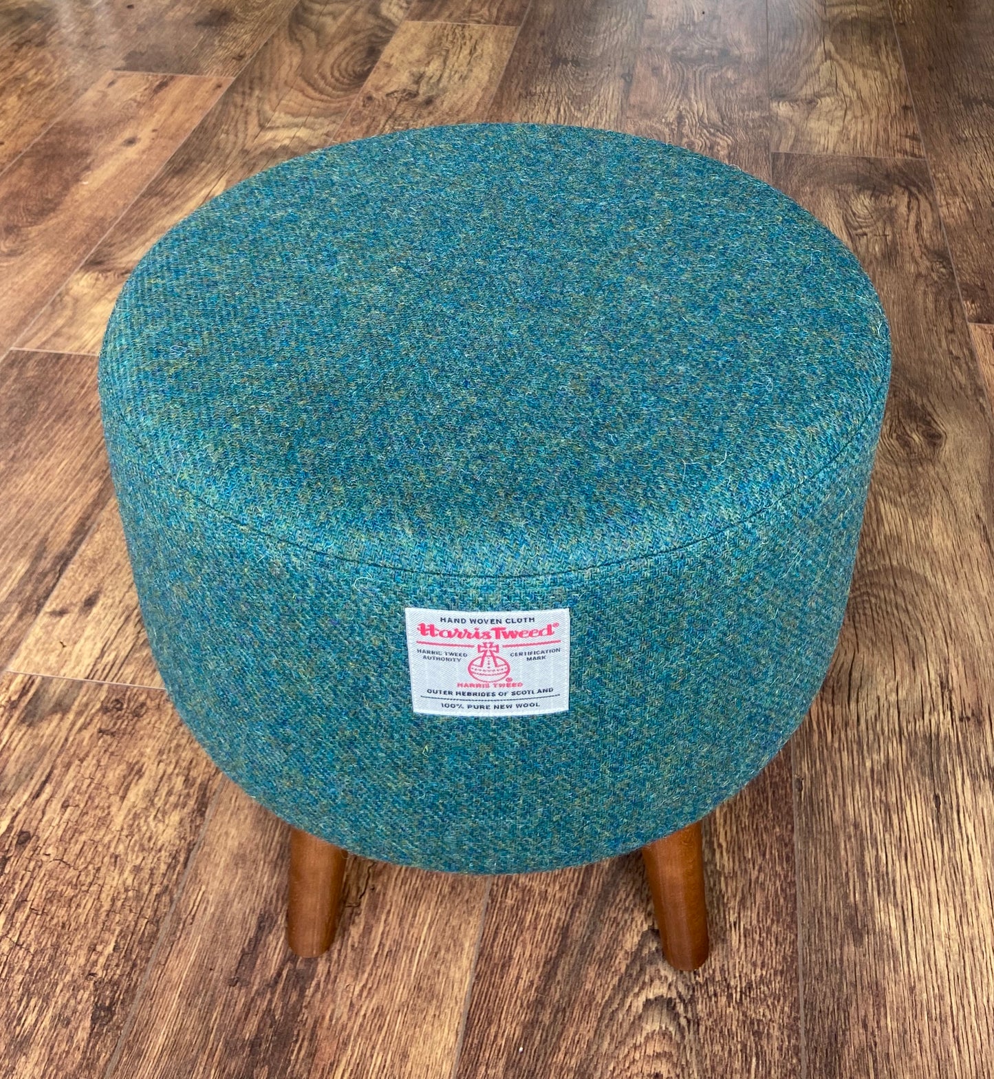 Green Harris Tweed Footstool with Dark Varnished Wooden Legs