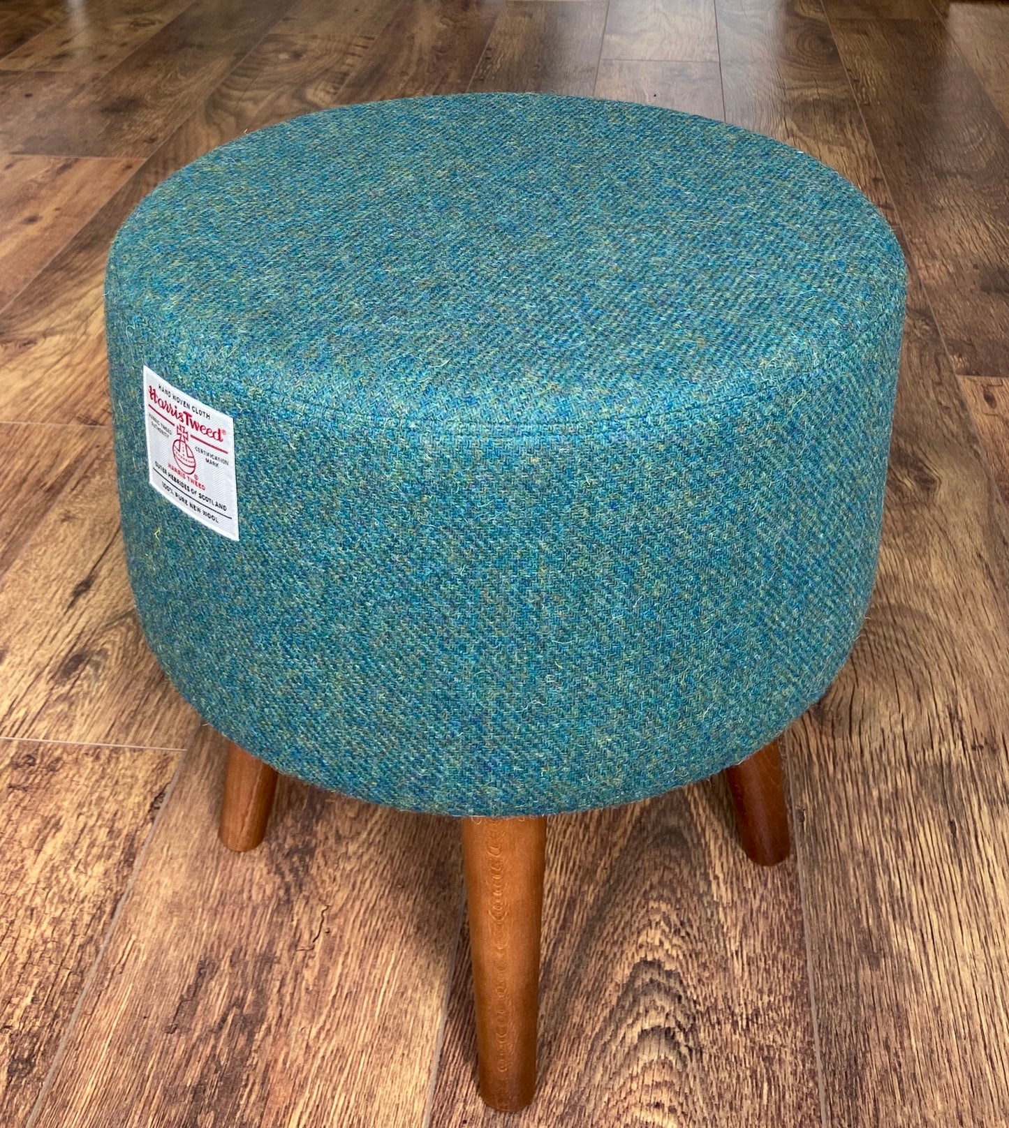 Green Harris Tweed Footstool with Dark Varnished Wooden Legs