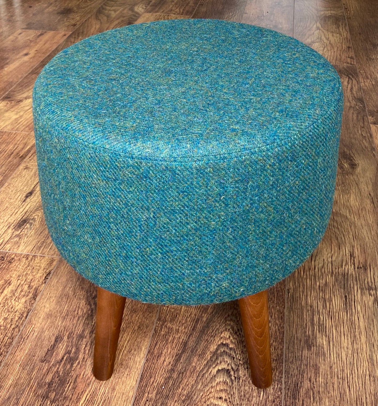 Green Harris Tweed Footstool with Dark Varnished Wooden Legs