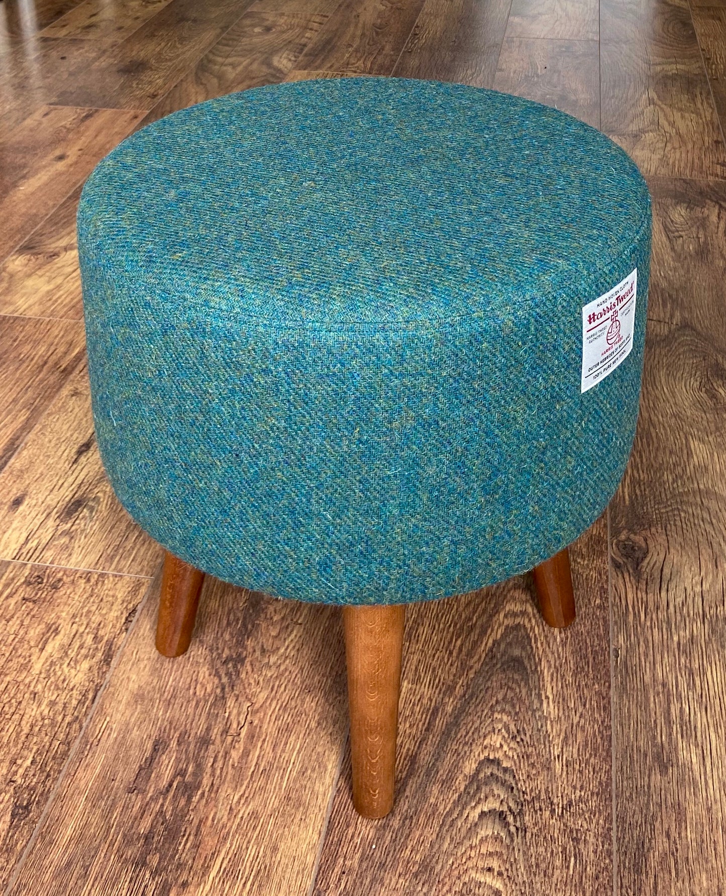 Green Harris Tweed Footstool with Dark Varnished Wooden Legs