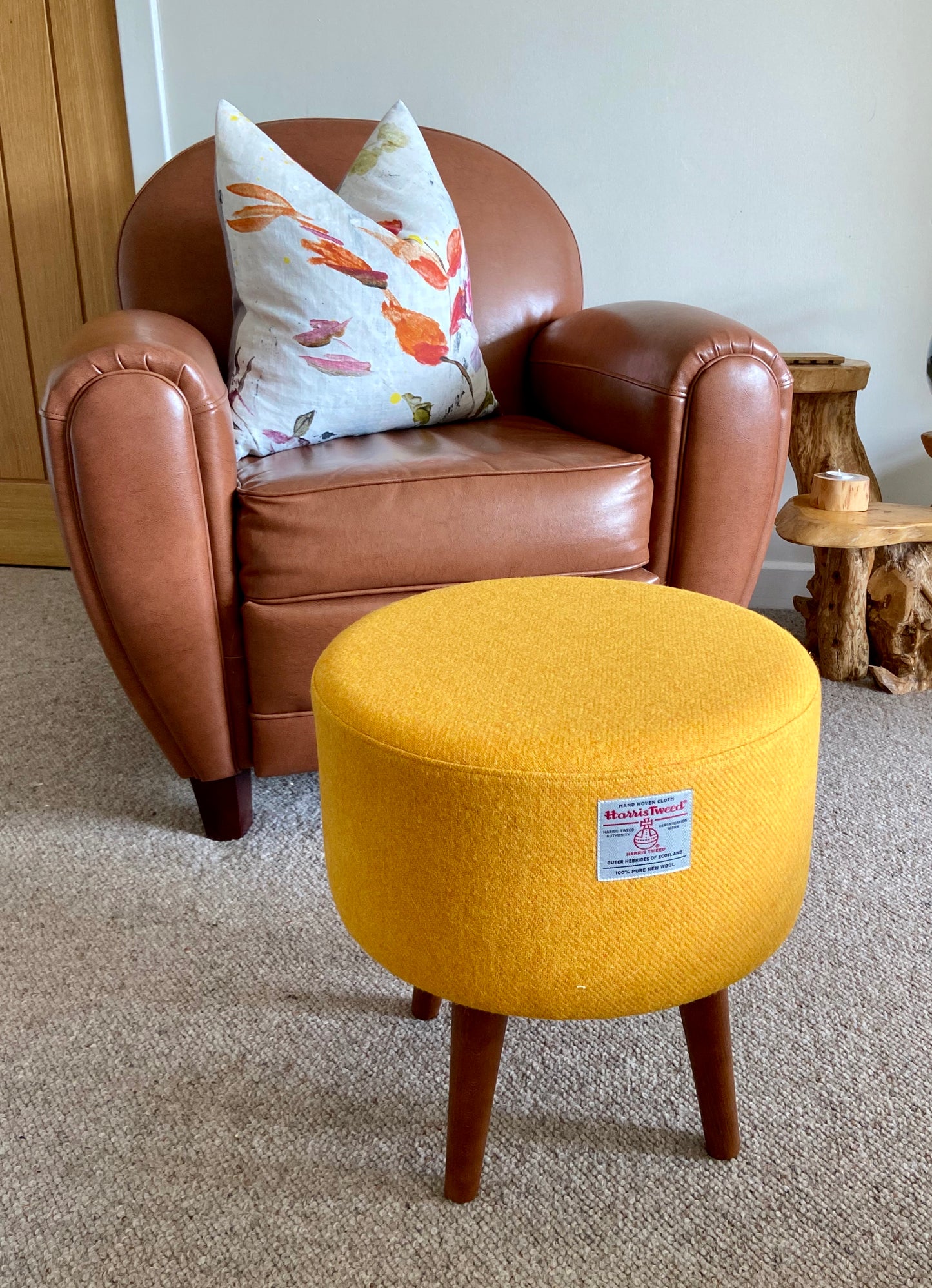 Yellow Harris Tweed Footstool with Dark Wooden Legs