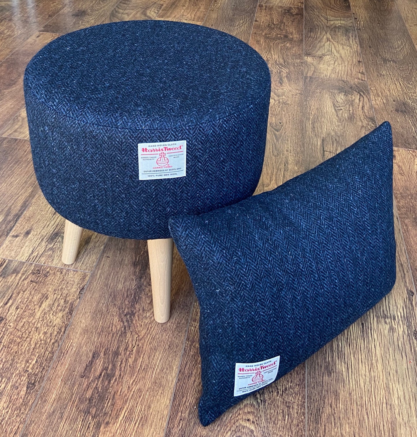 Navy Blue Harris Tweed Upholstered Footstool with Varnished Wooden Legs.