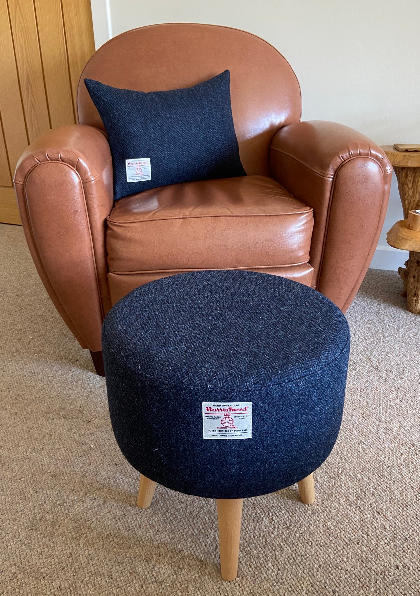 Navy Blue Harris Tweed Upholstered Footstool with Varnished Wooden Legs.