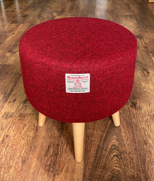 Red Harris Tweed Footstool with Varnished Light Wooden Legs