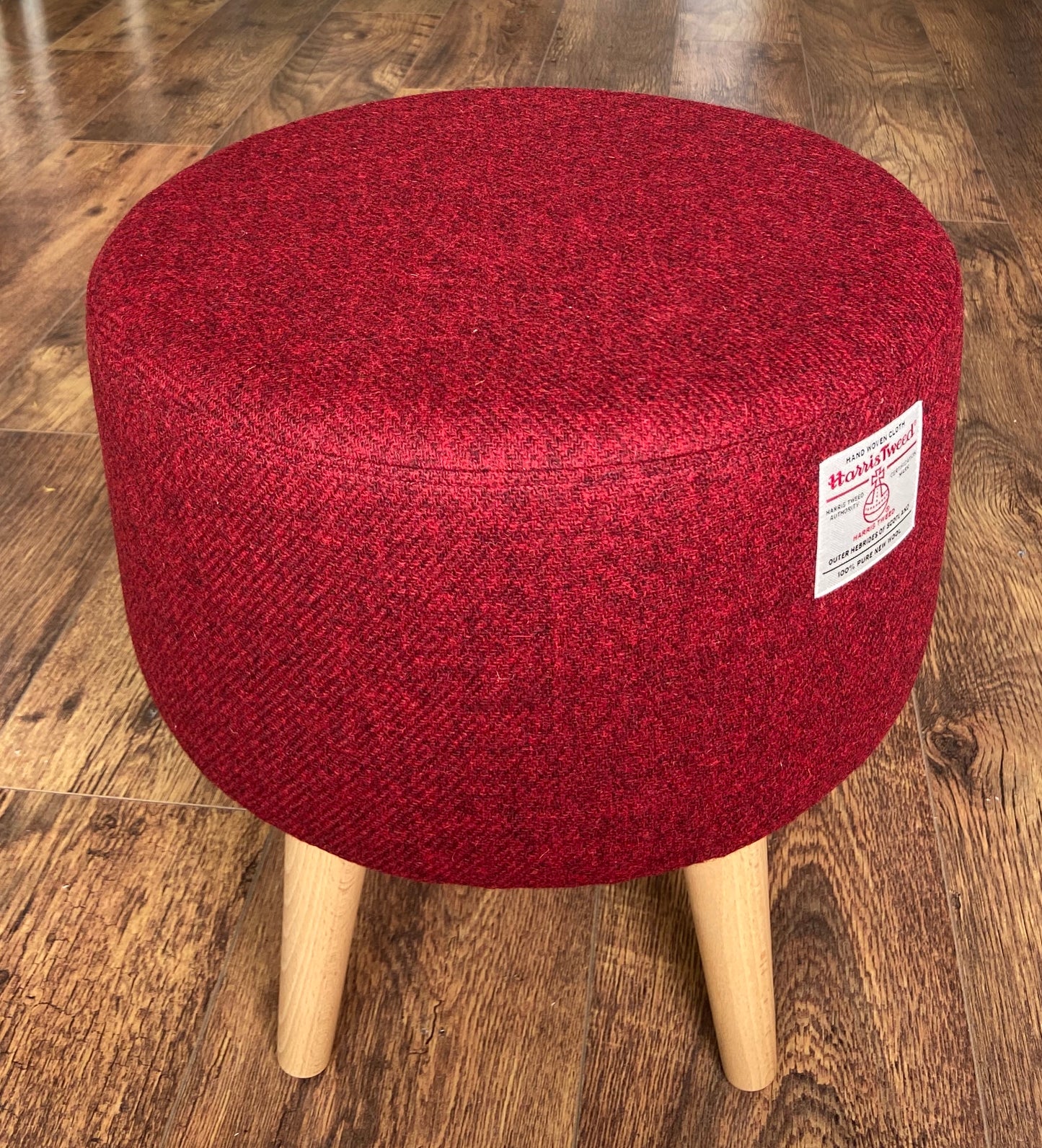 Red Harris Tweed Footstool with Varnished Light Wooden Legs