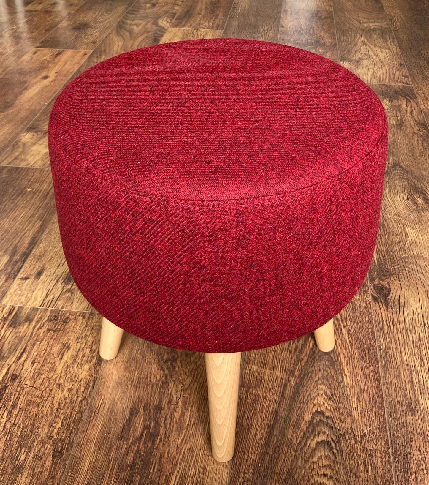 Red Harris Tweed Footstool with Varnished Light Wooden Legs