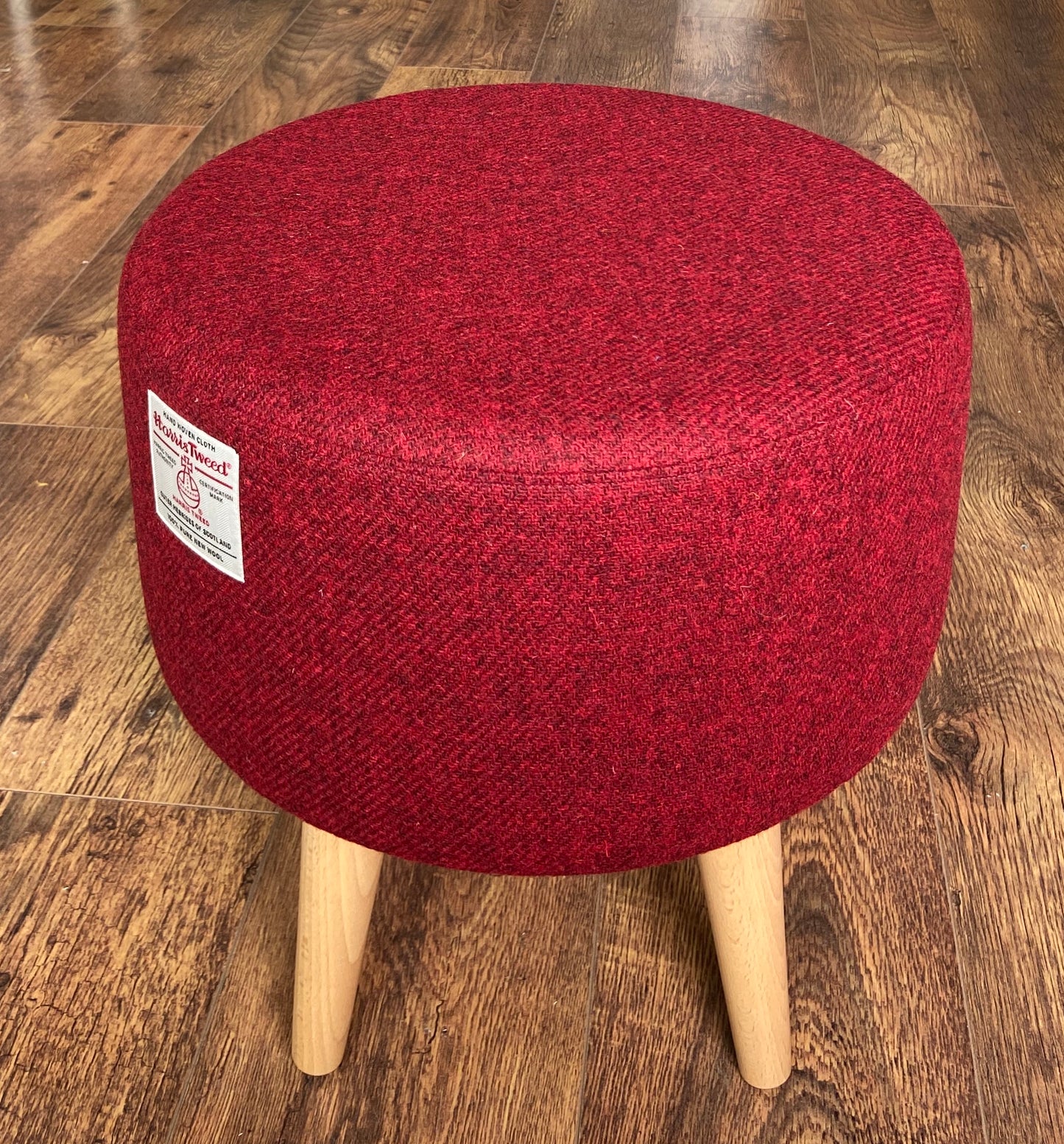 Red Harris Tweed Footstool with Varnished Light Wooden Legs