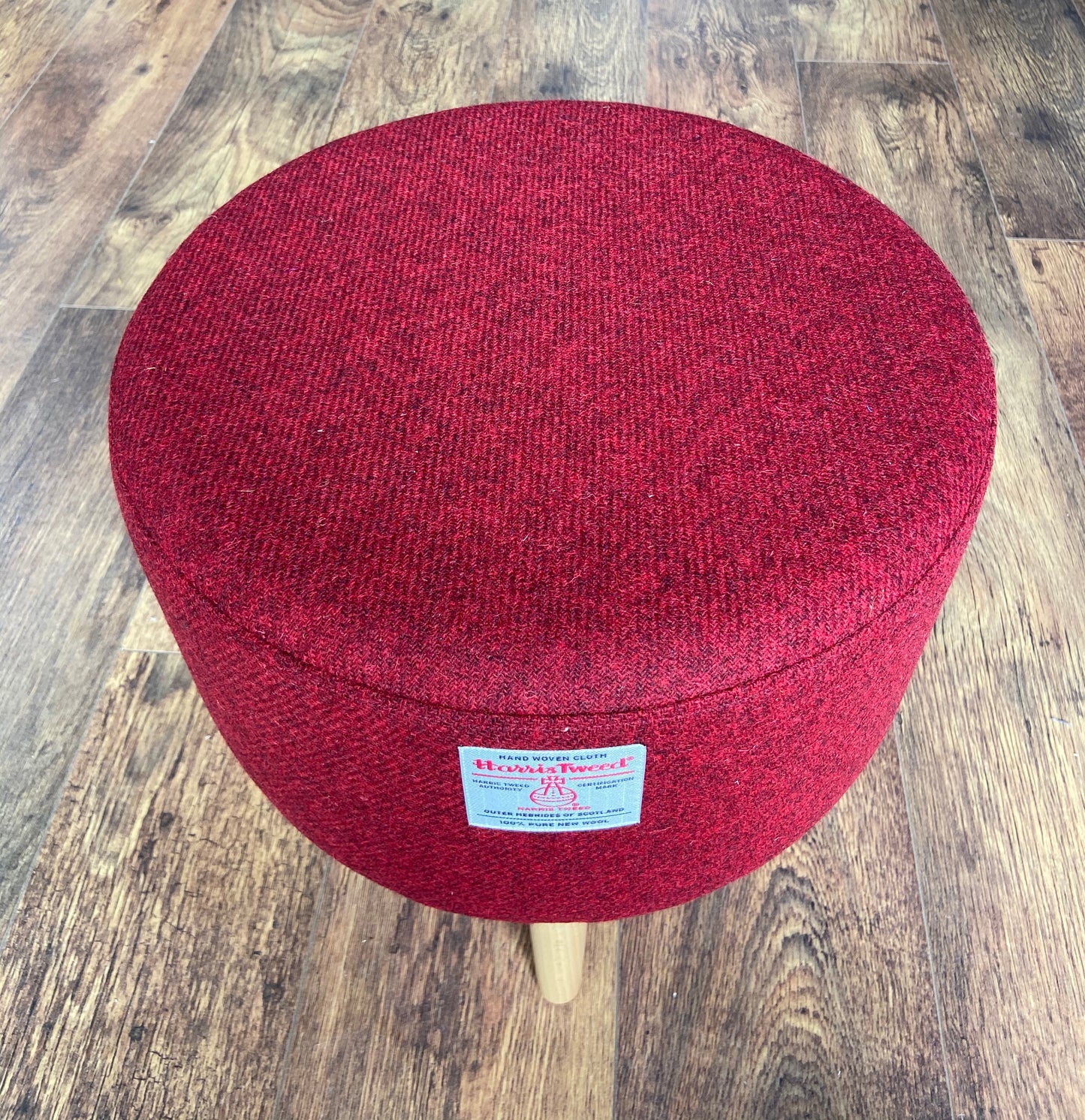 Red Harris Tweed Footstool with Varnished Light Wooden Legs