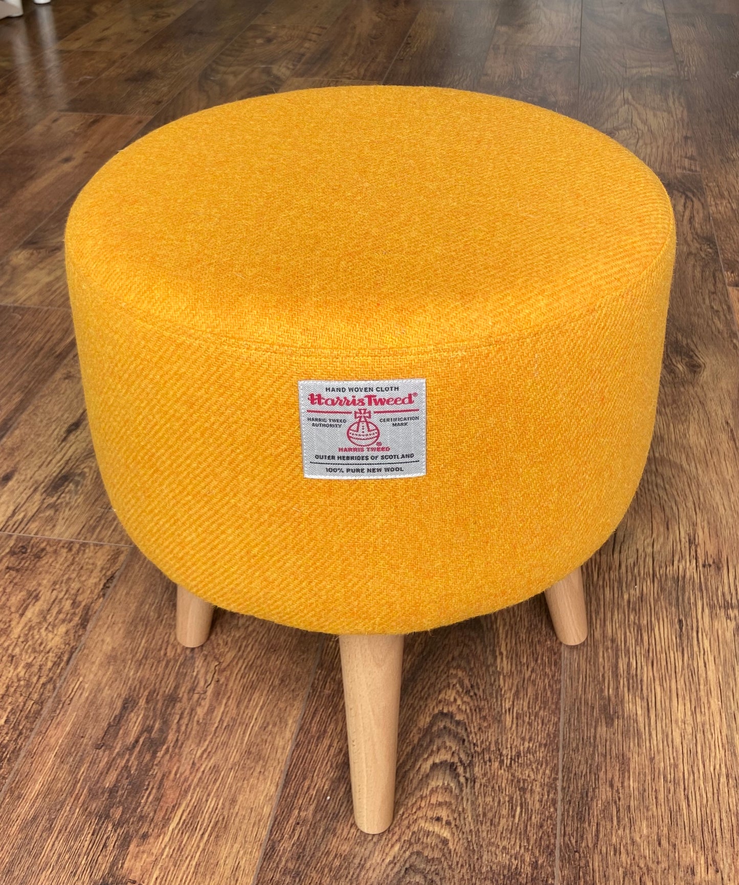 Yellow Harris Tweed Footstool with Varnished Wooden Legs