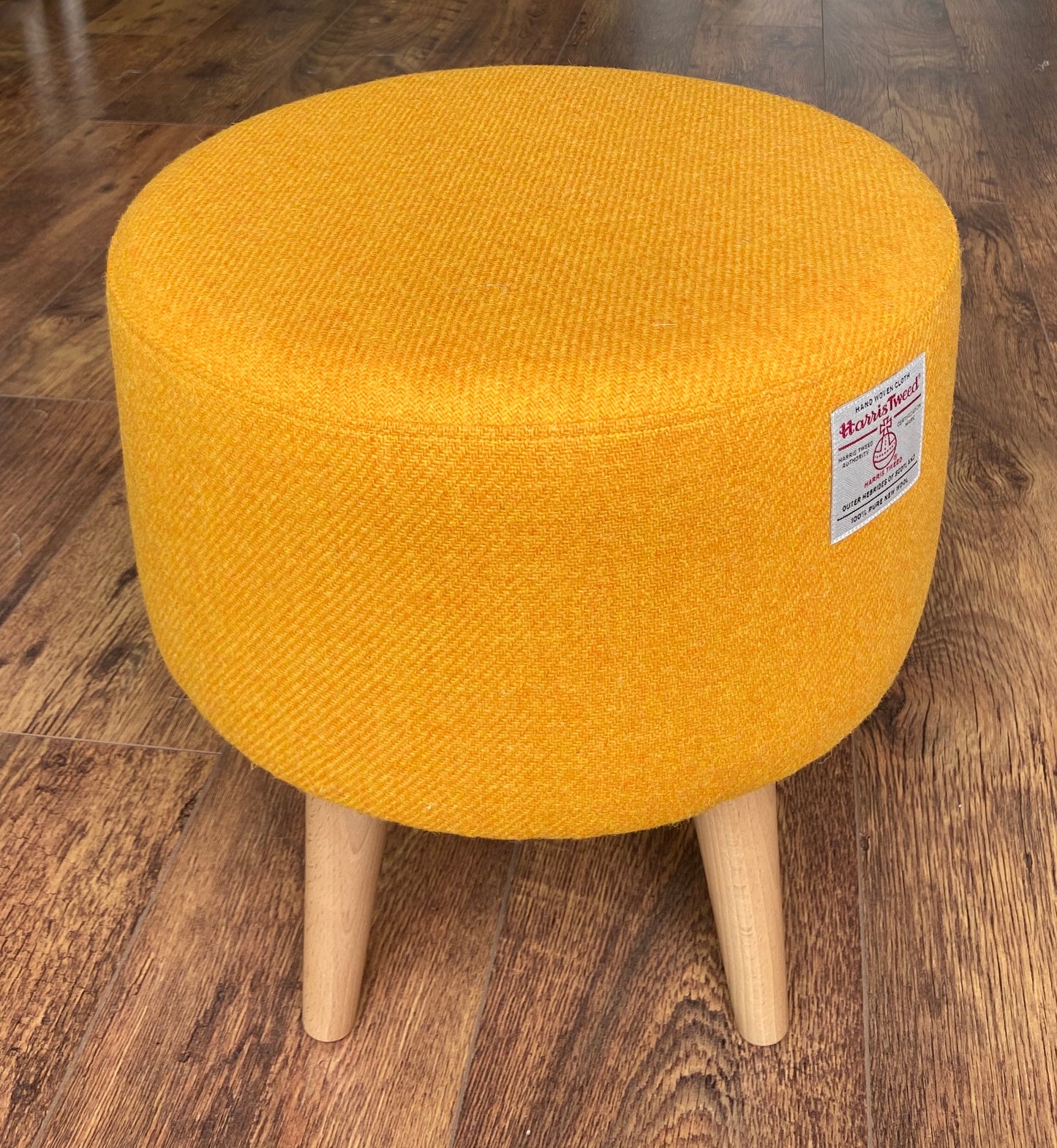 Yellow Harris Tweed Footstool with Varnished Wooden Legs