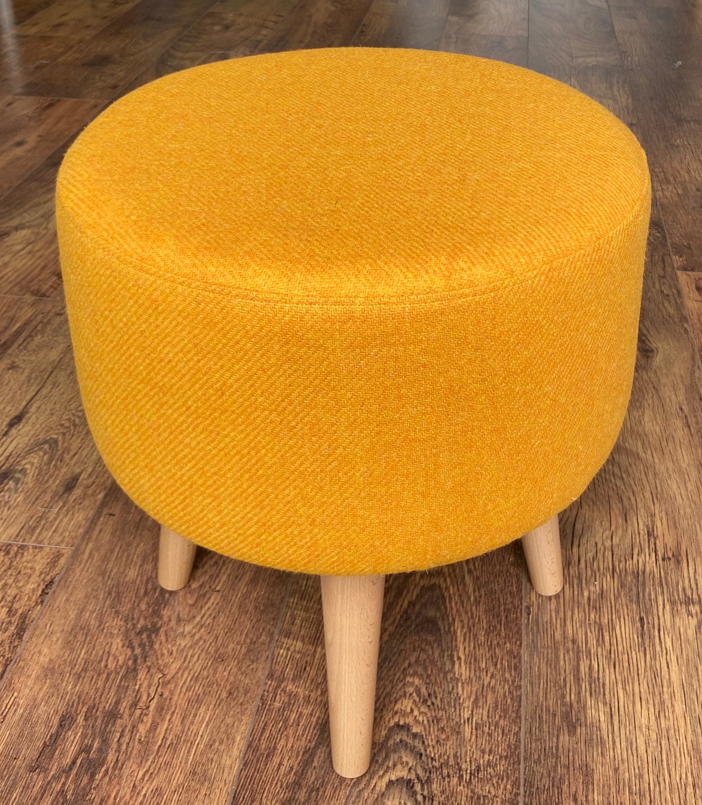 Yellow Harris Tweed Footstool with Varnished Wooden Legs