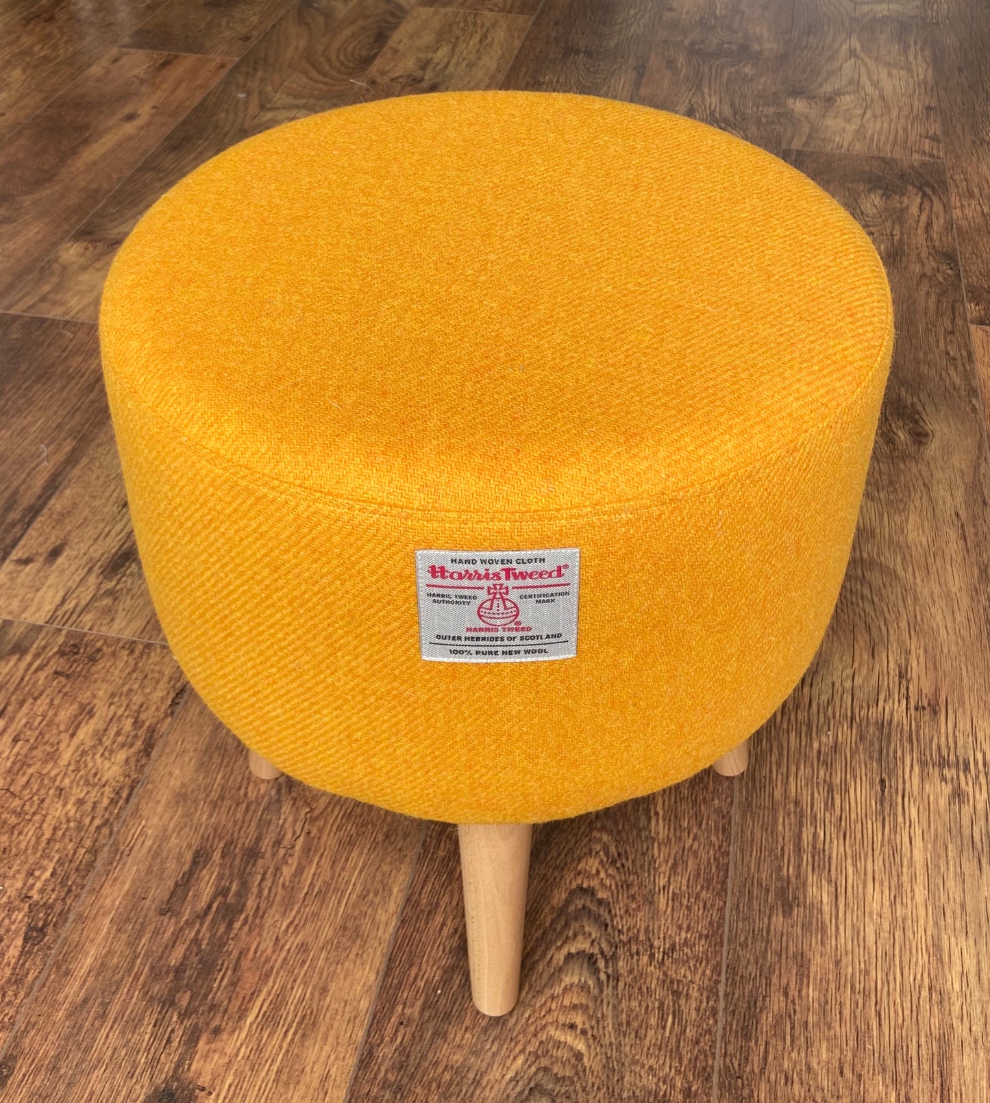 Yellow Harris Tweed Footstool with Varnished Wooden Legs