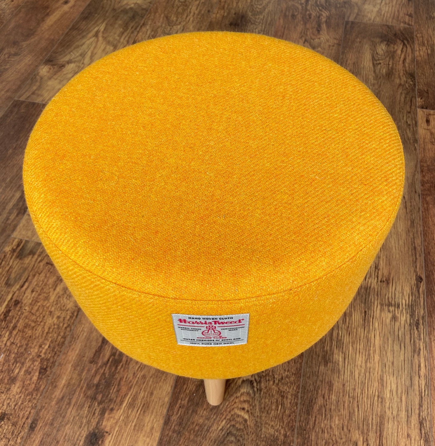 Yellow Harris Tweed Footstool with Varnished Wooden Legs