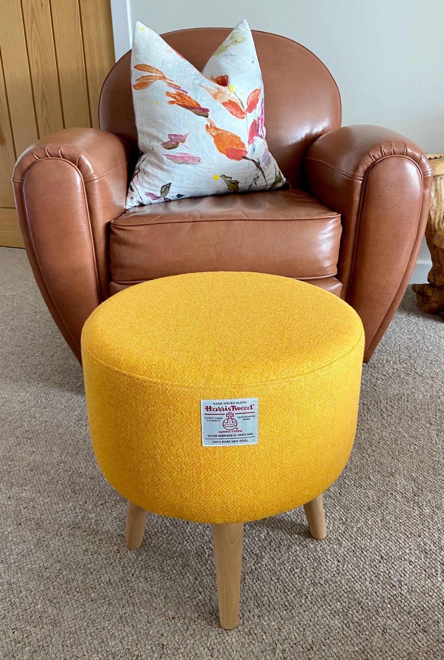 Yellow Harris Tweed Footstool with Varnished Wooden Legs